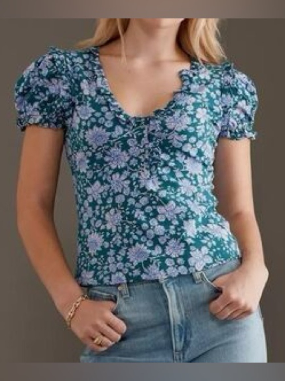 nwt maeve puff-sleeve floral henley